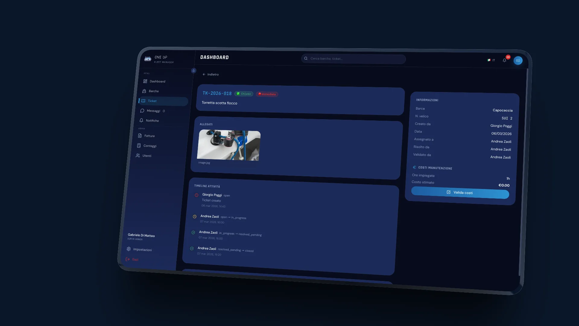 Dettaglio ticket con timeline attività e costi manutenzione