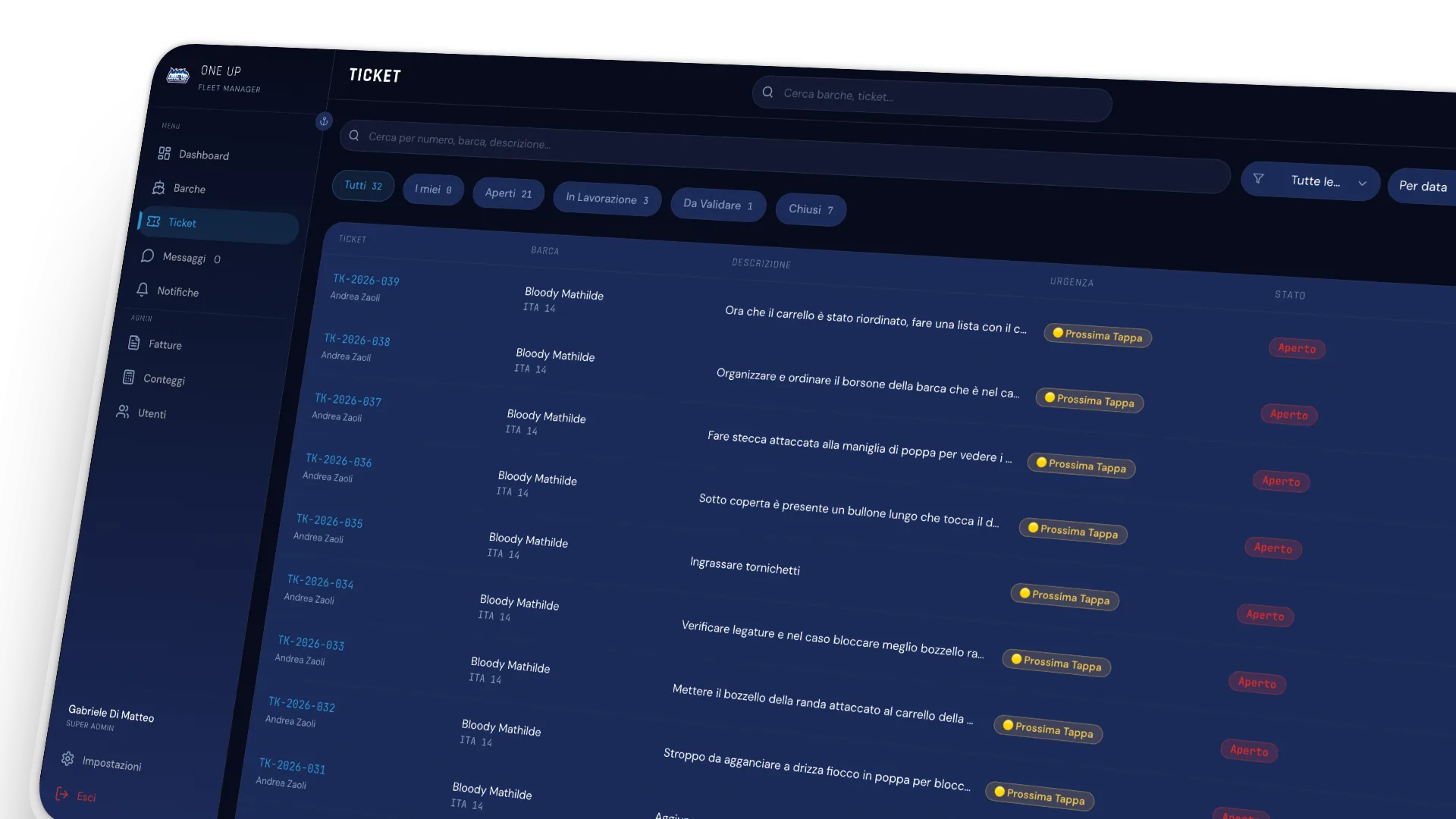 Lista ticket di manutenzione One Up Fleet System